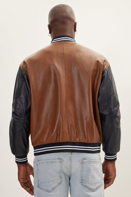 Men's Two Tone Varsity Leather Jacket - Brown Black | Ron Tomson