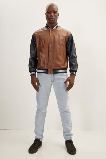 Men's Two Tone Varsity Leather Jacket - Brown Black | Ron Tomson