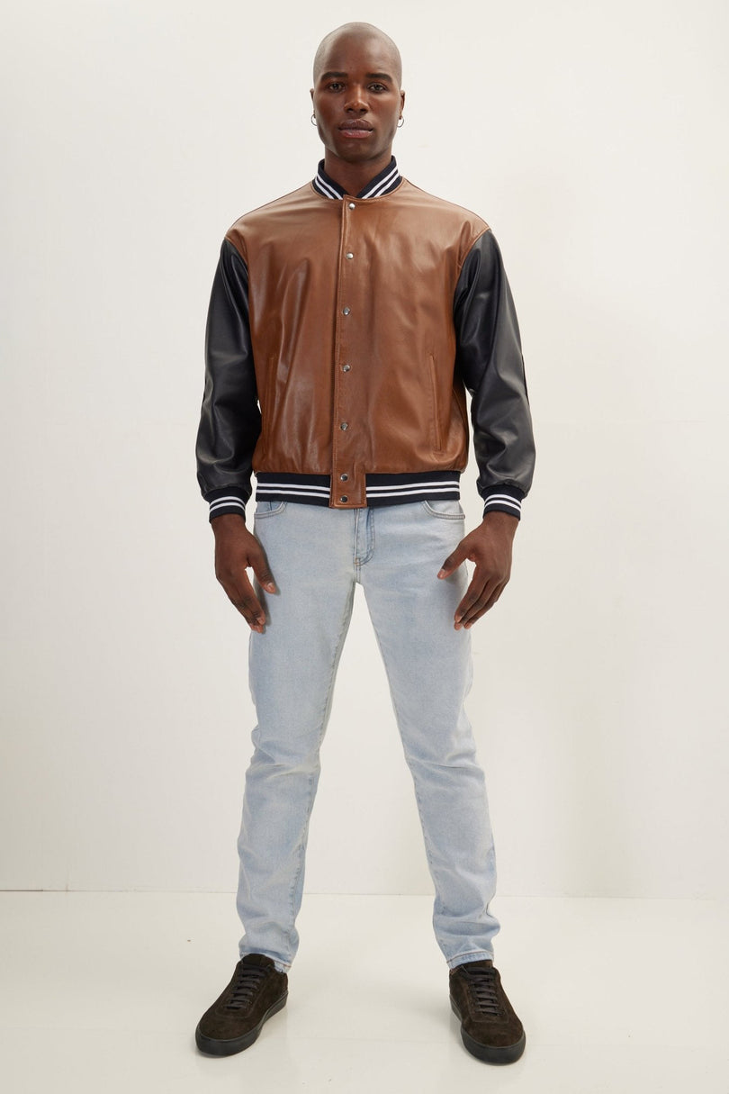 Men's Two Tone Varsity Leather Jacket - Brown Black | Ron Tomson