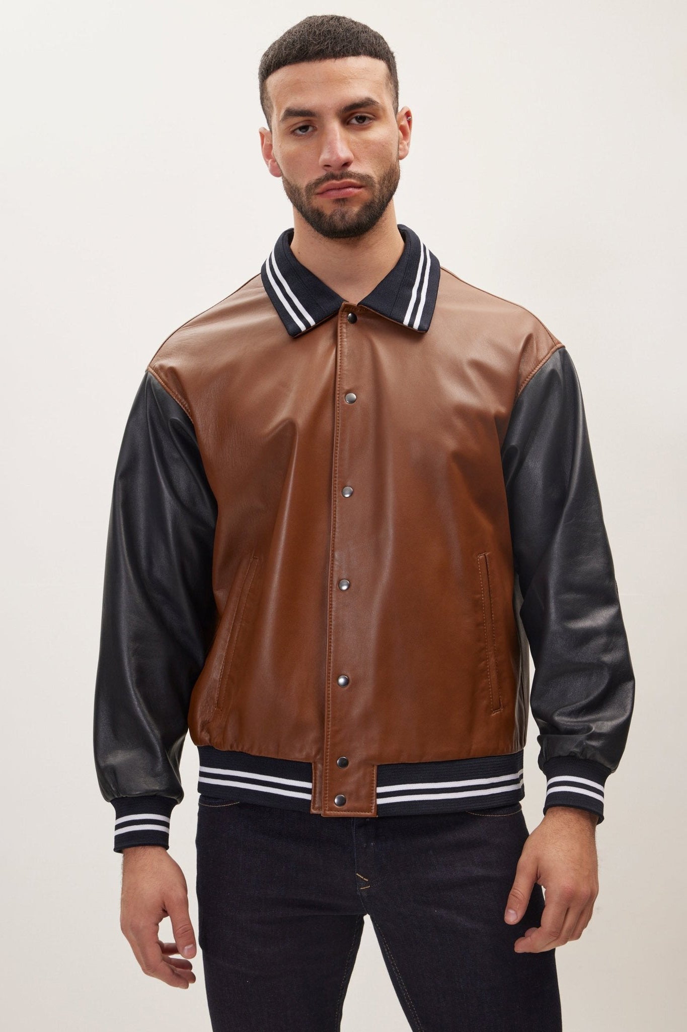 Men's Varsity Leather Jacket With Polo Neck - Black Brown | Ron Tomson Black Brown / XXL (44 US)