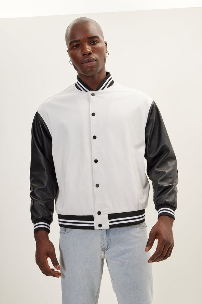 Men's Two-Tone Varsity Leather Jacket - White Black | Ron Tomson