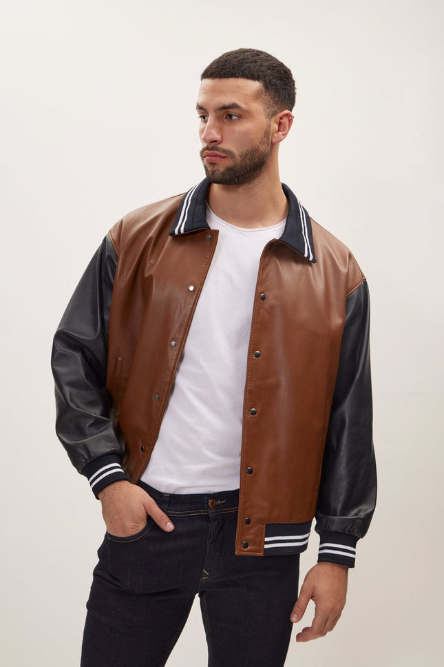 Men's Varsity Leather Jacket With Polo Neck - Black Brown | Ron Tomson
