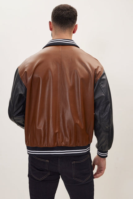 Men's Varsity Leather Jacket With Polo Neck - Black Brown | Ron Tomson