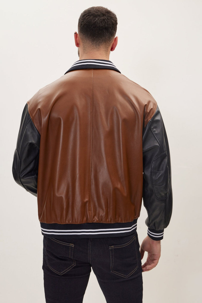 Men's Varsity Leather Jacket With Polo Neck - Black Brown | Ron Tomson