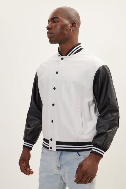 Men's Two-Tone Varsity Leather Jacket - White Black | Ron Tomson