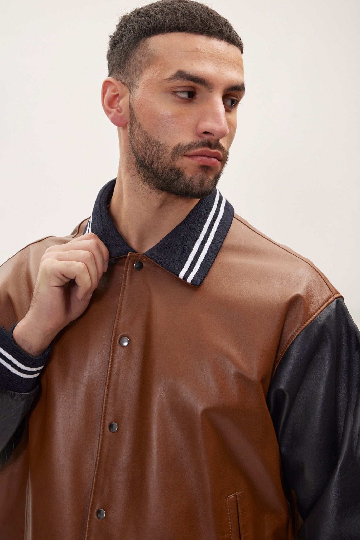 Men's Varsity Leather Jacket With Polo Neck - Black Brown | Ron Tomson
