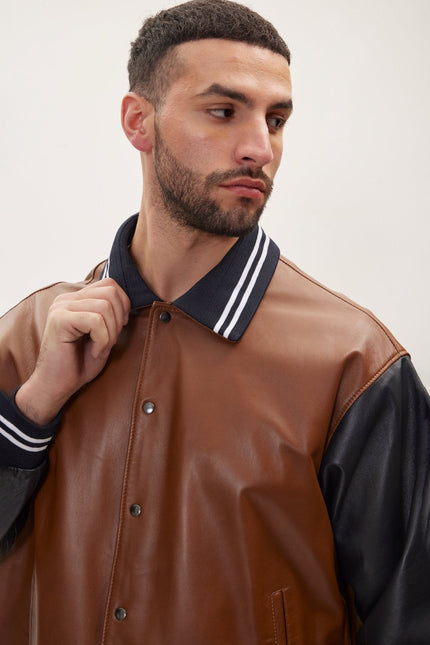 Men's Varsity Leather Jacket With Polo Neck - Black Brown | Ron Tomson