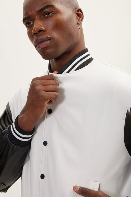 Men's Two-Tone Varsity Leather Jacket - White Black | Ron Tomson