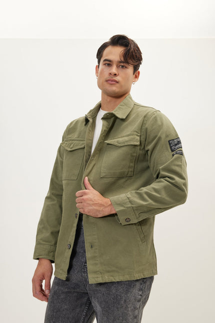 Men's Utilitarian Cotton Shirt Jacket - Olive | Ron Tomson