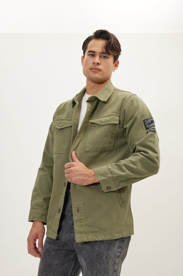 Men's Utilitarian Cotton Shirt Jacket - Olive | Ron Tomson