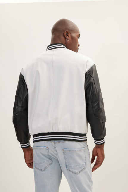 Men's Two-Tone Varsity Leather Jacket - White Black | Ron Tomson