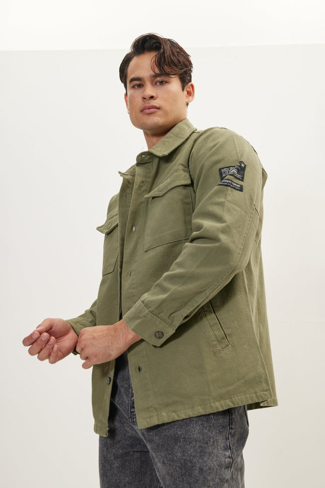 Men's Utilitarian Cotton Shirt Jacket - Olive | Ron Tomson