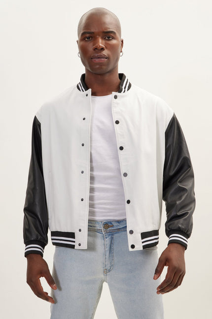 Men's Two-Tone Varsity Leather Jacket - White Black | Ron Tomson