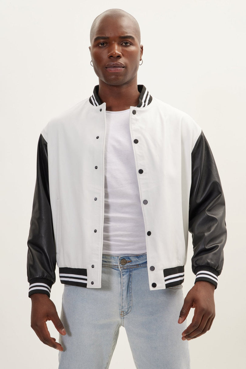 Men's Two-Tone Varsity Leather Jacket - White Black | Ron Tomson
