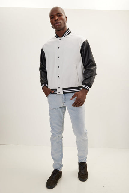 Men's Two-Tone Varsity Leather Jacket - White Black | Ron Tomson