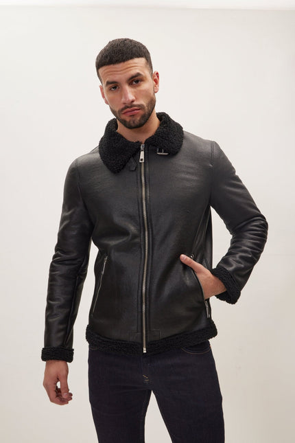 Men's Vegan Shearling Aviator Jacket - Black | Ron Tomson