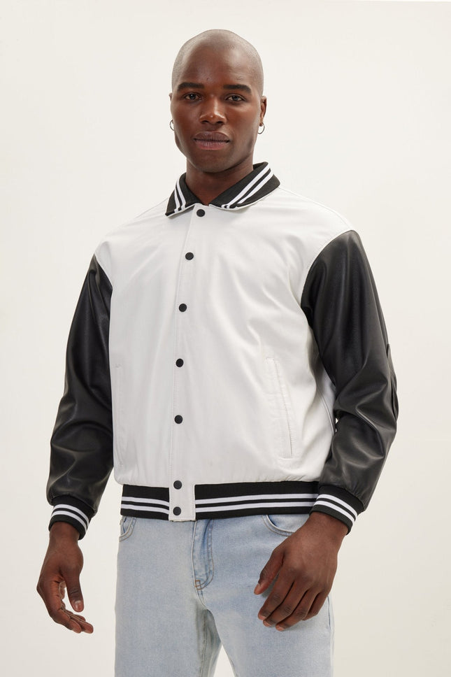 Men's Varsity Leather Jacket With Polo Neck - White Black | Ron Tomson