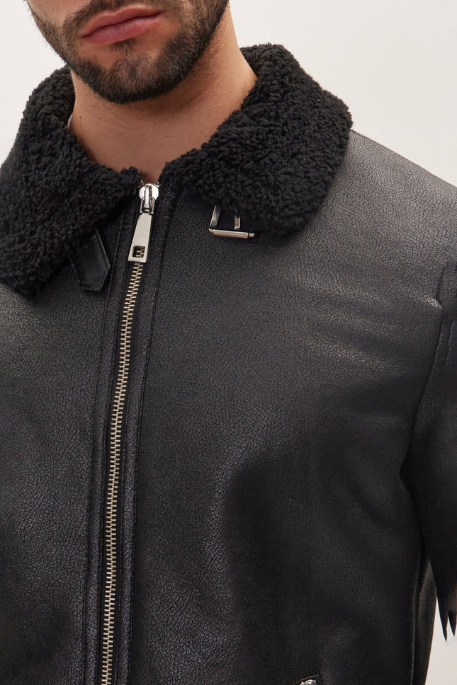 Men's Vegan Shearling Aviator Jacket - Black | Ron Tomson