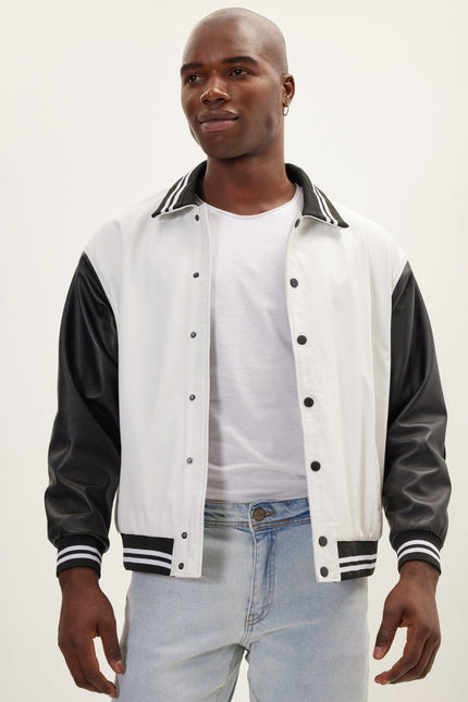 Men's Varsity Leather Jacket With Polo Neck - White Black | Ron Tomson