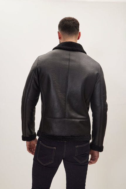 Men's Vegan Shearling Aviator Jacket - Black | Ron Tomson