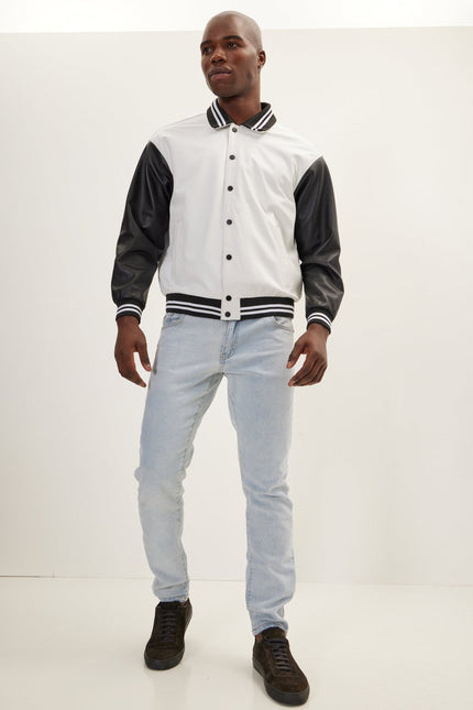 Men's Varsity Leather Jacket With Polo Neck - White Black | Ron Tomson