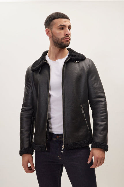 Men's Vegan Shearling Aviator Jacket - Black | Ron Tomson