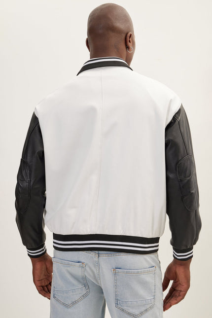 Men's Varsity Leather Jacket With Polo Neck - White Black | Ron Tomson