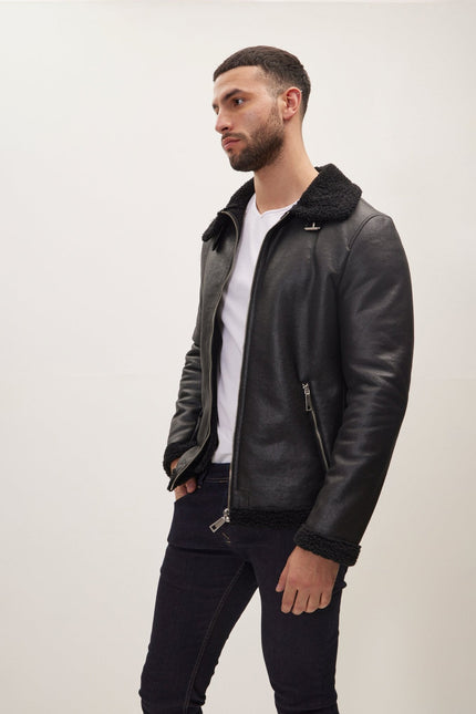 Men's Vegan Shearling Aviator Jacket - Black | Ron Tomson