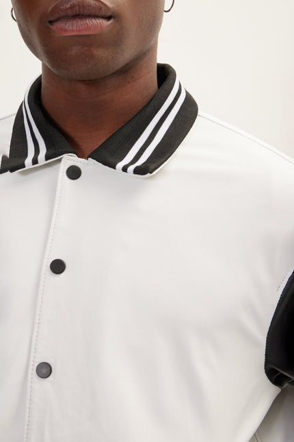 Men's Varsity Leather Jacket With Polo Neck - White Black | Ron Tomson