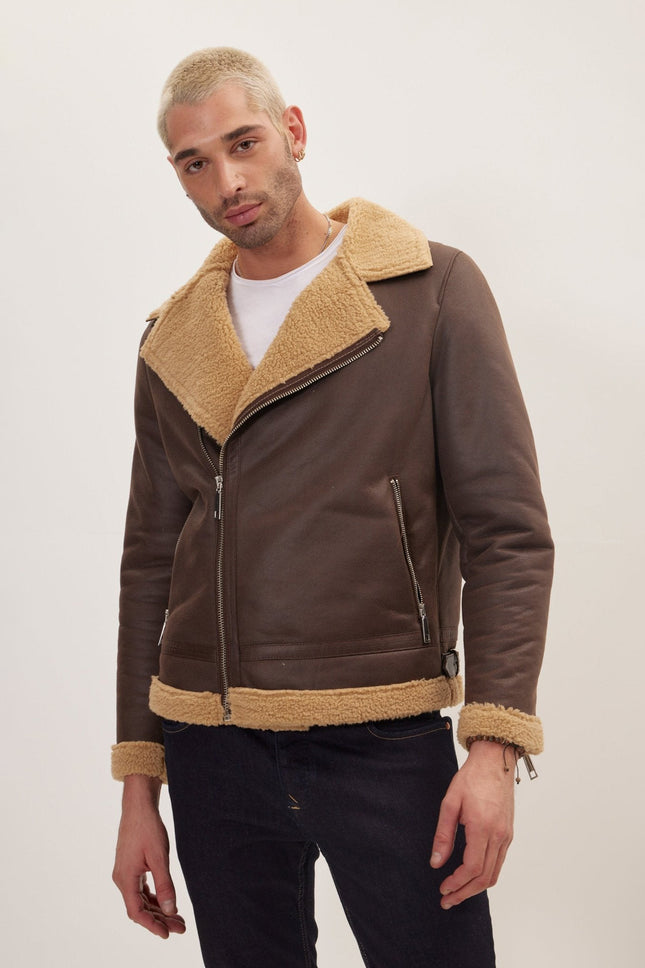 Men's Vegan Shearling Biker Jacket - Brown | Ron Tomson