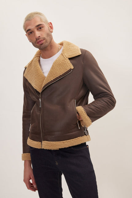 Men's Vegan Shearling Biker Jacket - Brown | Ron Tomson