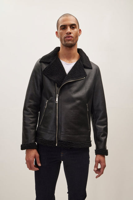 Men's Vegan Shearling Biker Jacket - Black | Ron Tomson