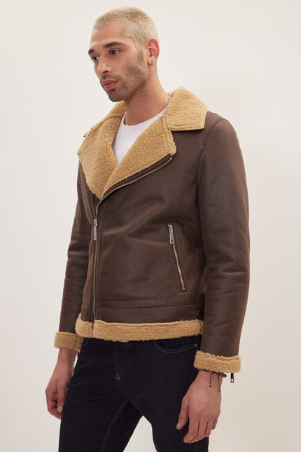 Men's Vegan Shearling Biker Jacket - Brown | Ron Tomson