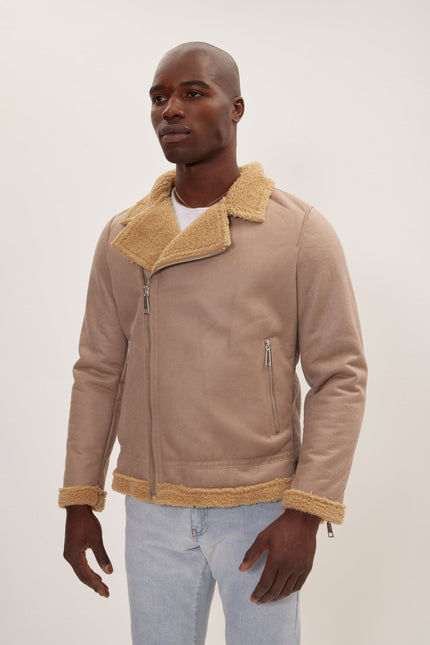 Men's Vegan Shearling Biker Jacket - Stone | Ron Tomson
