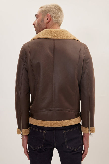 Men's Vegan Shearling Biker Jacket - Brown | Ron Tomson