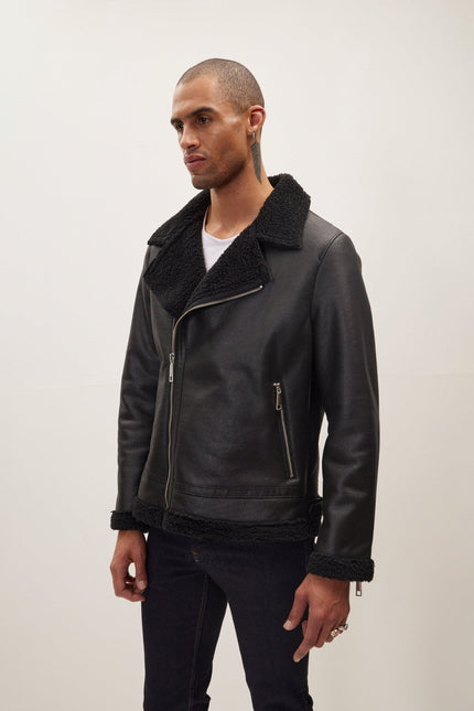 Men's Vegan Shearling Biker Jacket - Black | Ron Tomson