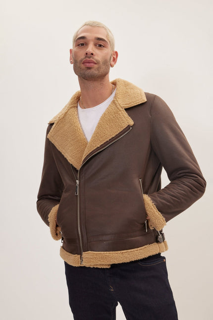 Men's Vegan Shearling Biker Jacket - Brown | Ron Tomson