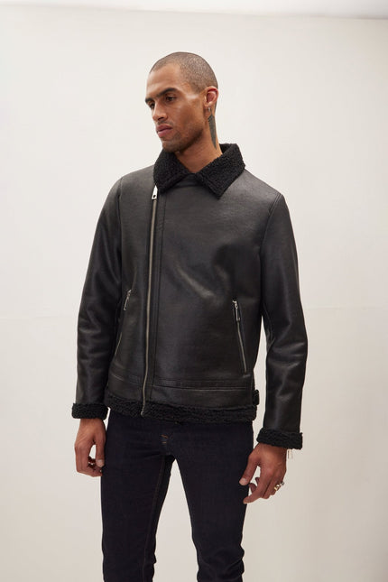 Men's Vegan Shearling Biker Jacket - Black | Ron Tomson