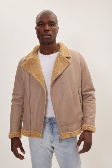 Men's Vegan Shearling Biker Jacket - Stone | Ron Tomson