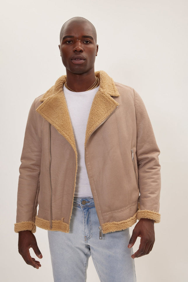 Men's Vegan Shearling Biker Jacket - Stone | Ron Tomson