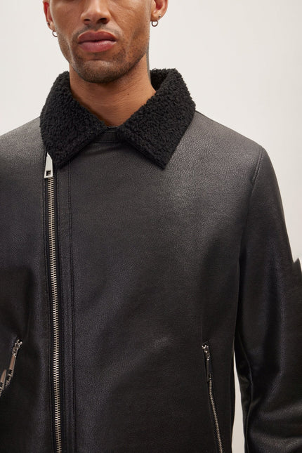 Men's Vegan Shearling Biker Jacket - Black | Ron Tomson