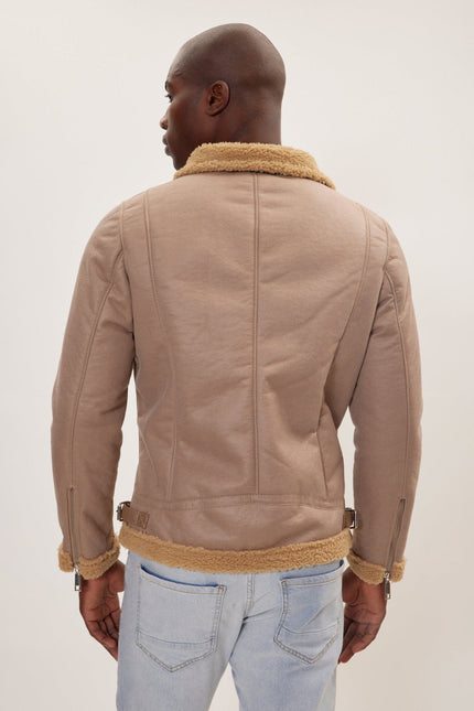 Men's Vegan Shearling Biker Jacket - Stone | Ron Tomson