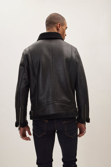 Men's Vegan Shearling Biker Jacket - Black | Ron Tomson