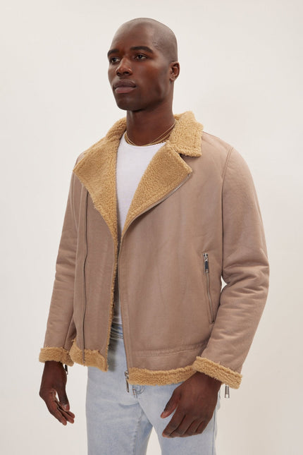 Men's Vegan Shearling Biker Jacket - Stone | Ron Tomson