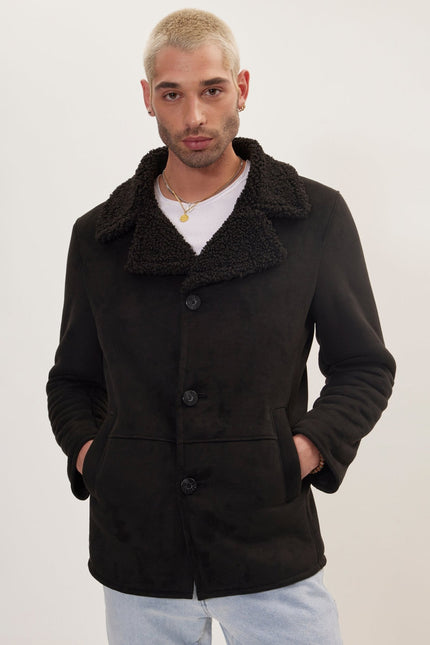 Men's Vegan Shearling Peacoat - Black | Ron Tomson