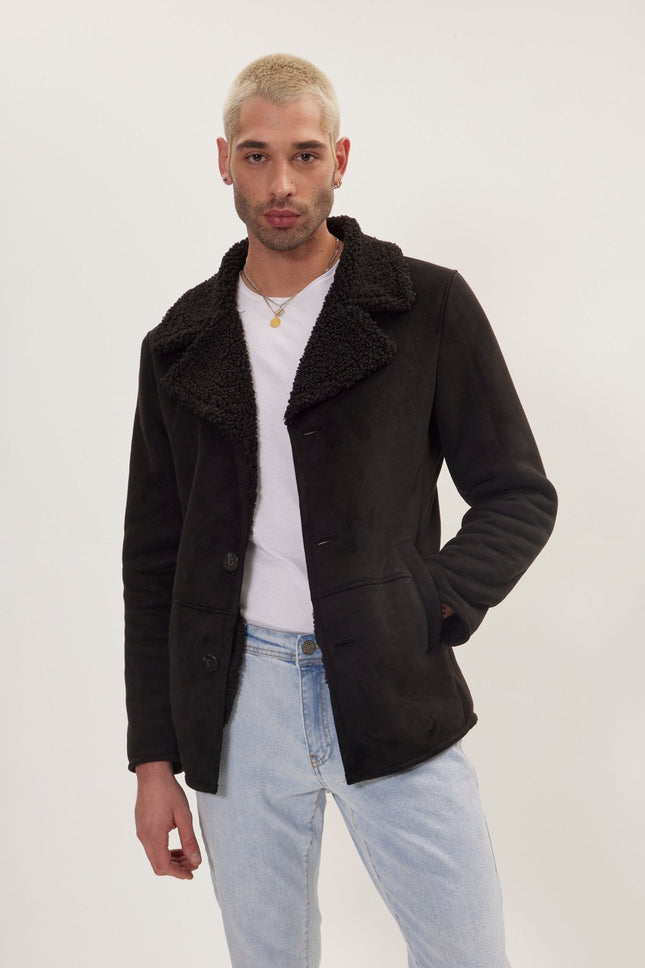 Men's Vegan Shearling Peacoat - Black | Ron Tomson