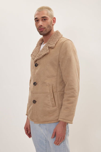 Men's Vegan Shearling Peacoat - Stone | Ron Tomson