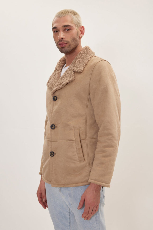 Men's Vegan Shearling Peacoat - Stone | Ron Tomson
