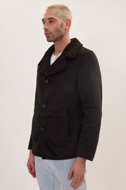 Men's Vegan Shearling Peacoat - Black | Ron Tomson