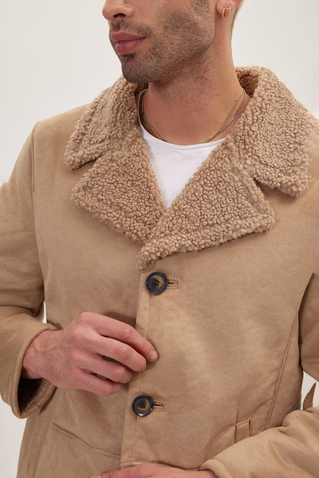 Men's Vegan Shearling Peacoat - Stone | Ron Tomson